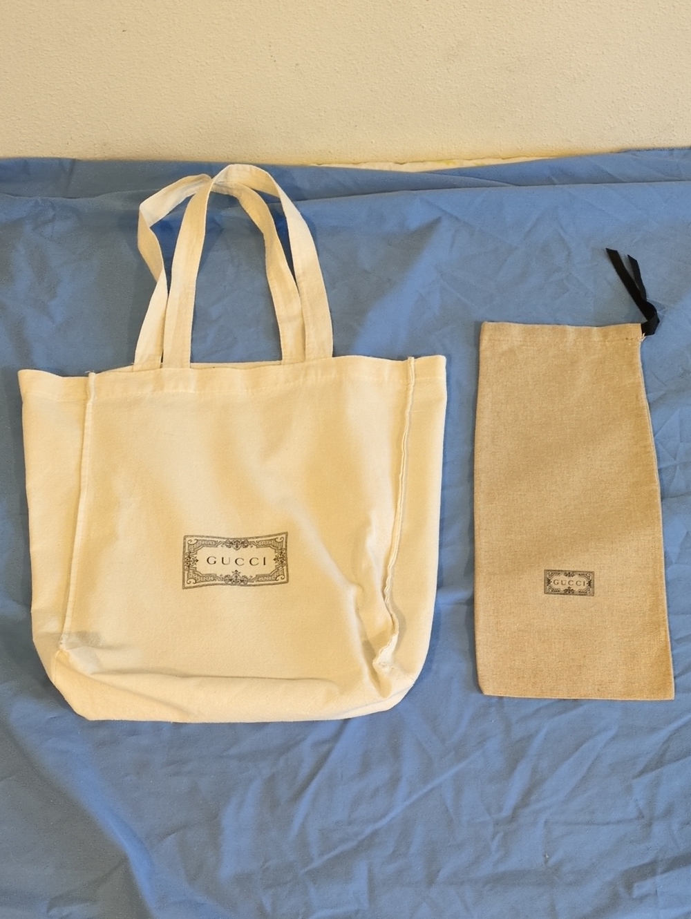 Gucci Cream Canvas Tote with Branded Patch And Tan Bag